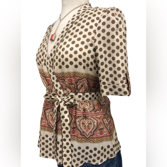 BCBGMaxAzria 100% Silk Polka Dot and Paisley Print Wrap Blouse - Picture 3 of 9